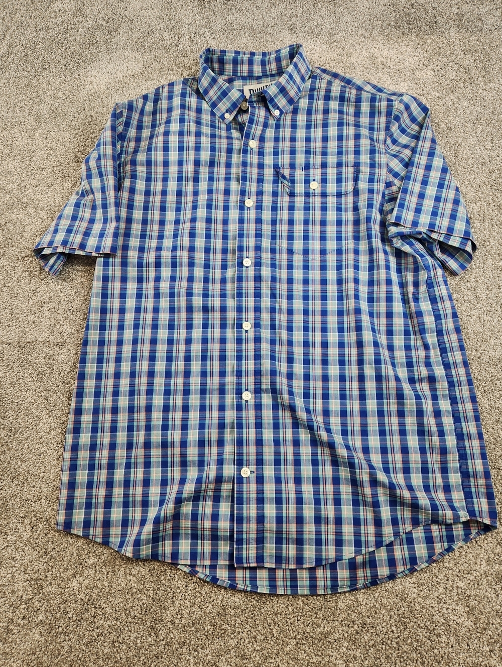 Duluth Trading Co Shirt Medium blue Plaid Short Sleeve Mens Relaxed Fit